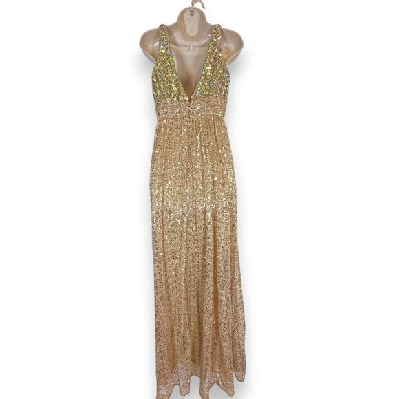 La Femme Gown Beaded Dress Gold Sequin Rhinestone Evening Tall 6 - Picture 5 of 17